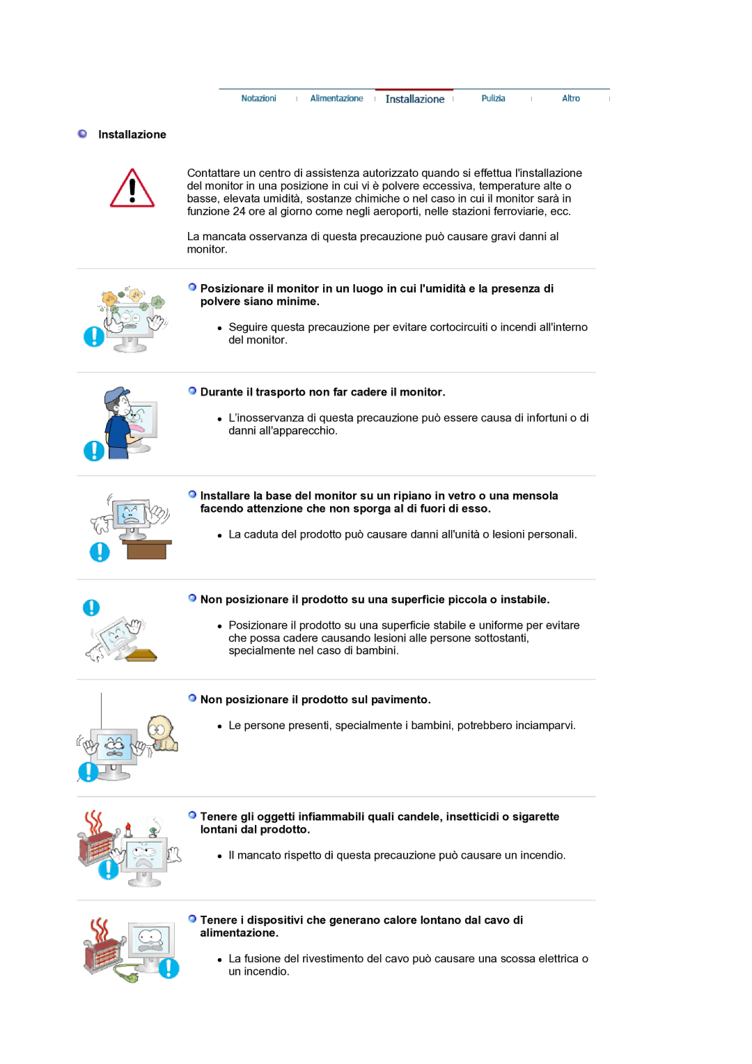 Samsung LS19HANKSM/EDC manual Installazione, Durante il trasporto non far cadere il monitor 