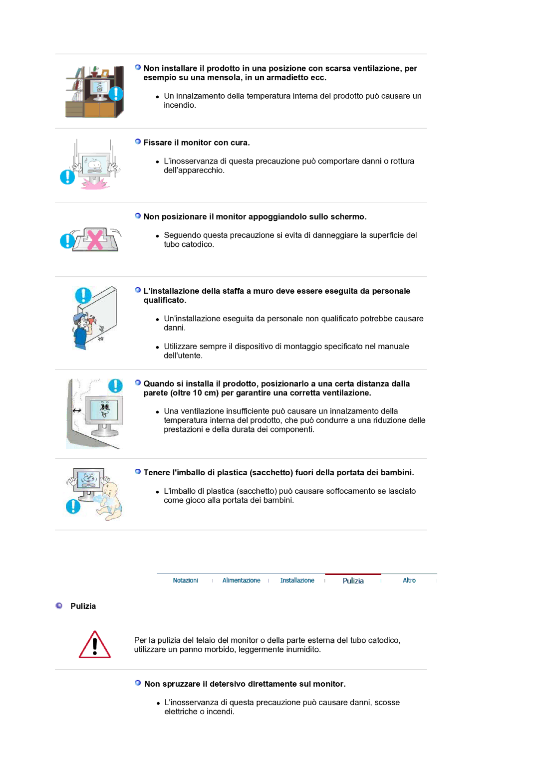 Samsung LS19HANKSM/EDC manual Fissare il monitor con cura, Non posizionare il monitor appoggiandolo sullo schermo, Pulizia 