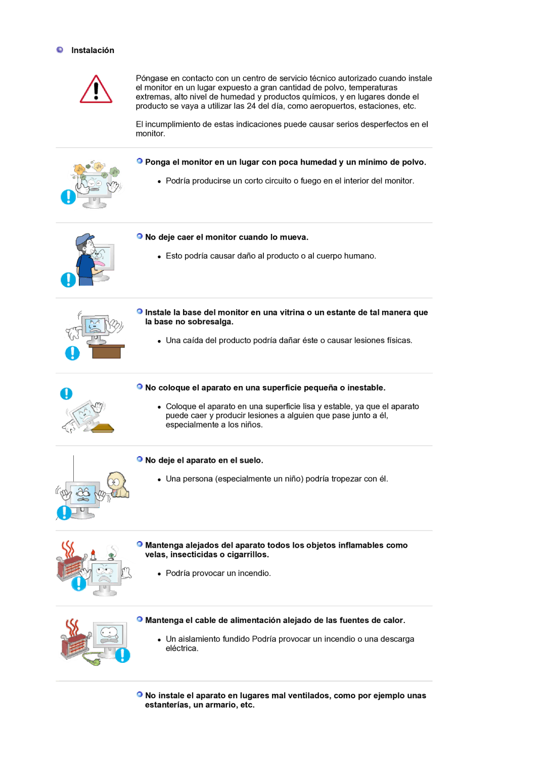 Samsung LS19HANKSM/EDC manual Instalación, No deje caer el monitor cuando lo mueva, No deje el aparato en el suelo 