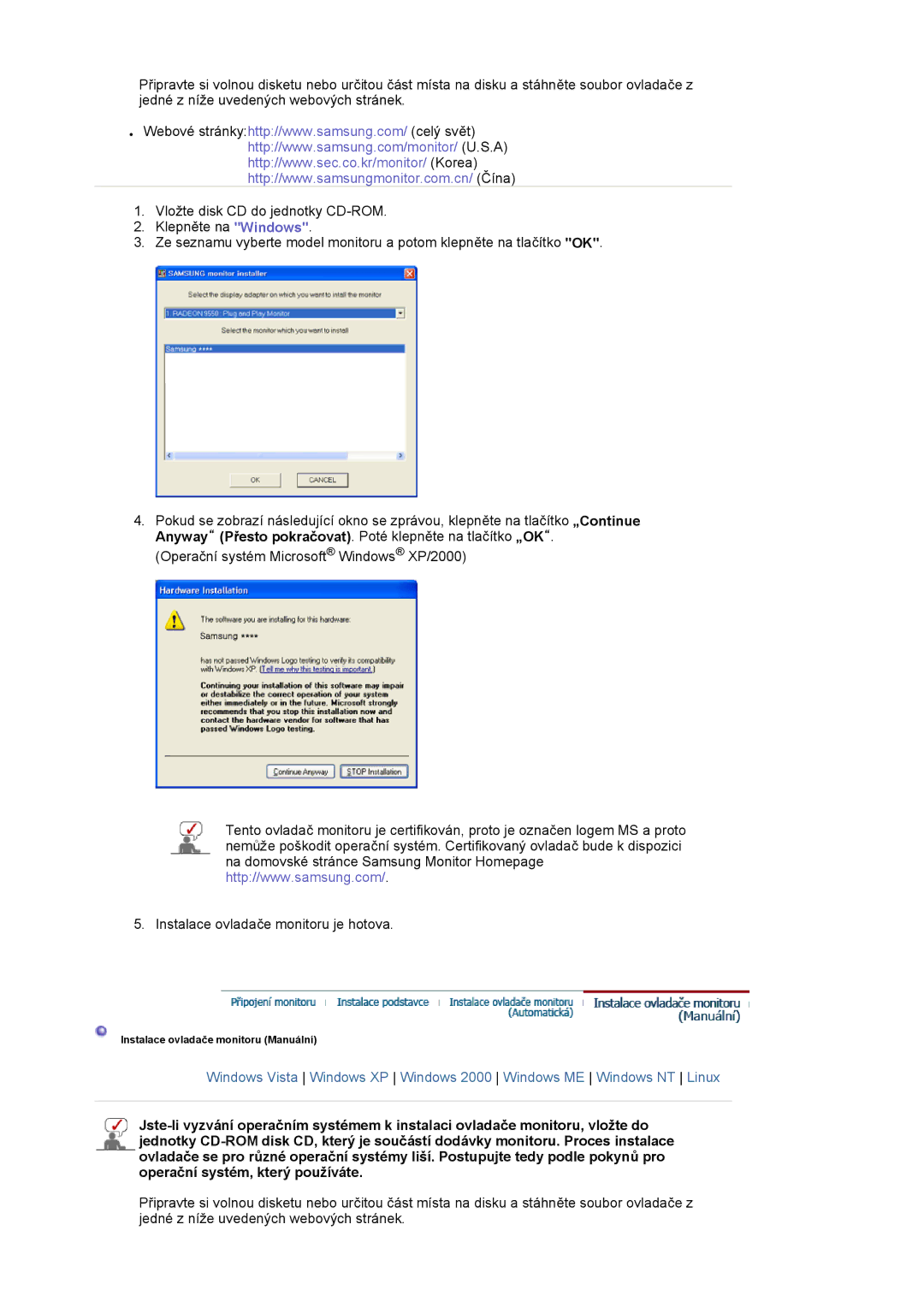 Samsung LS19HANKSM/EDC manual Instalace ovladače monitoru Manuální 