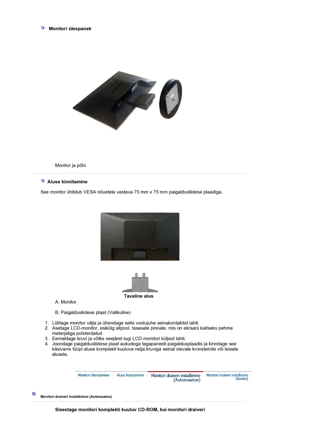 Samsung LS19HANKSM/EDC manual Monitori ülespanek, Aluse kinnitamine, Tavaline alus 