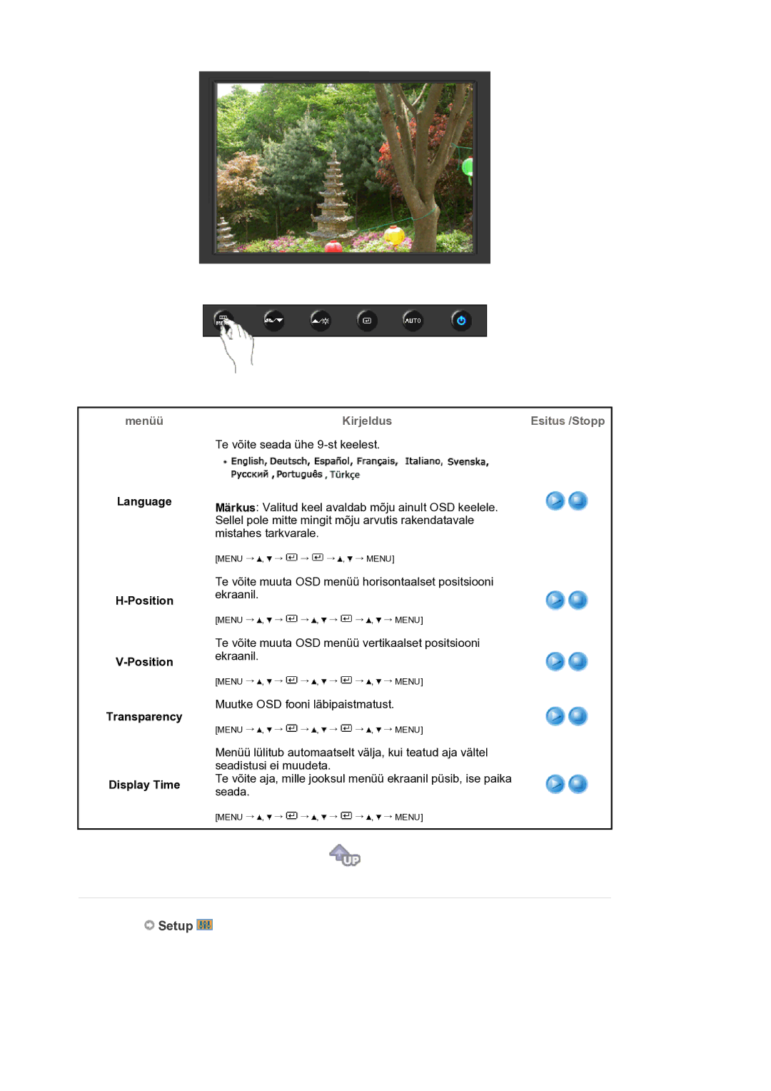 Samsung LS19HANKSM/EDC manual Setup, Language Position Transparency Display Time 