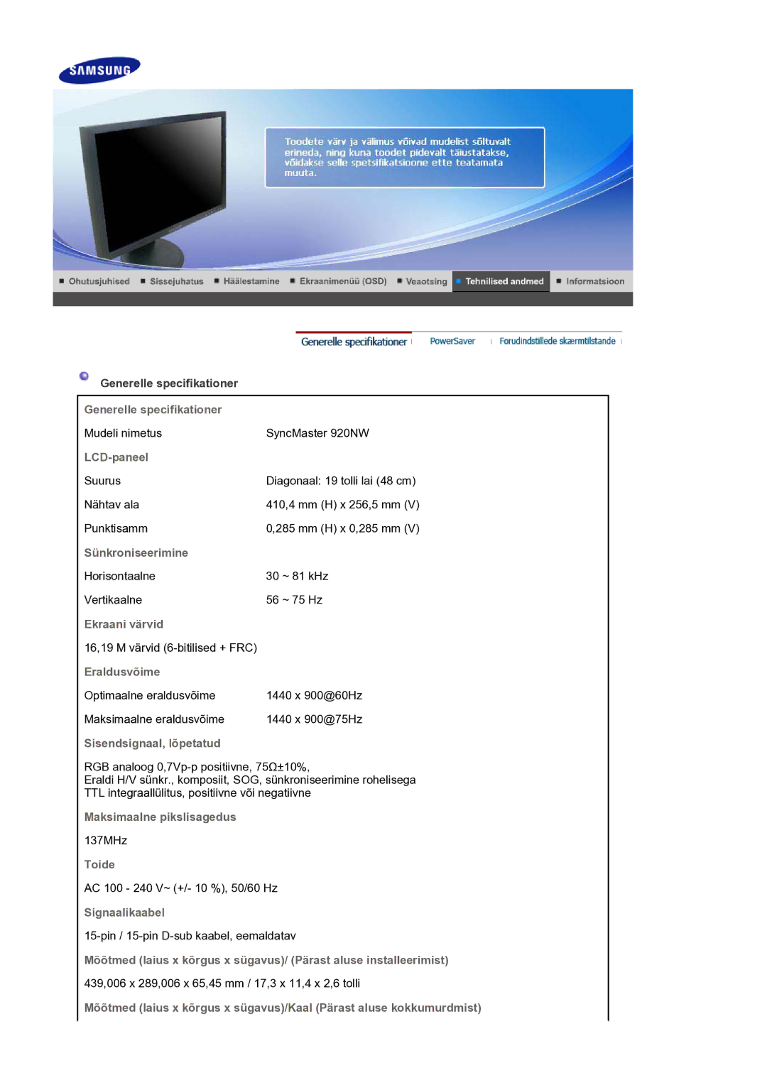 Samsung LS19HANKSM/EDC manual Generelle specifikationer, LCD-paneel, Sünkroniseerimine, Ekraani värvid, Eraldusvõime, Toide 