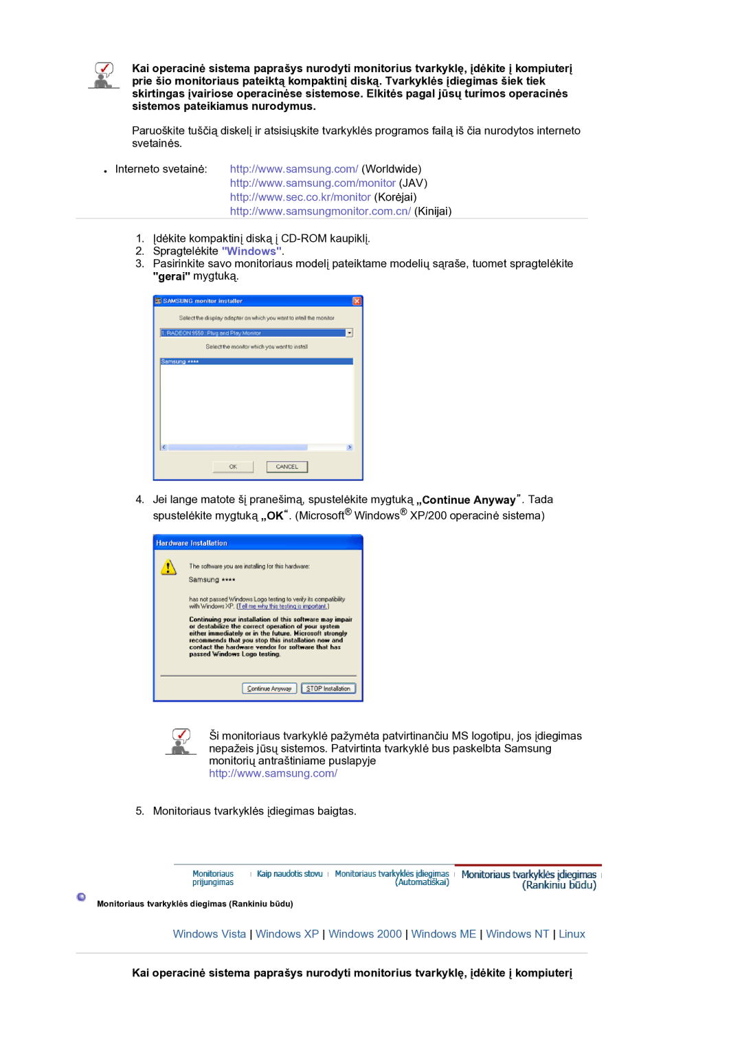 Samsung LS19HANKSM/EDC manual Monitoriaus tvarkyklės diegimas Rankiniu būdu 