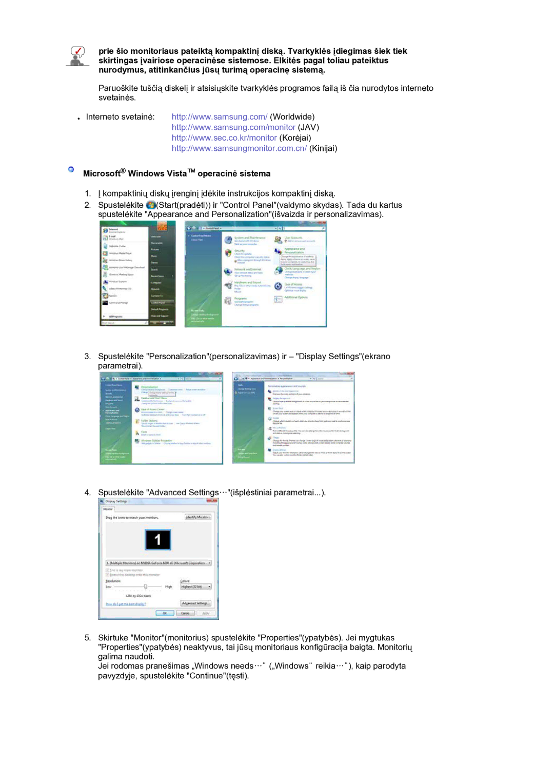 Samsung LS19HANKSM/EDC manual Microsoft Windows Vista operacinė sistema 