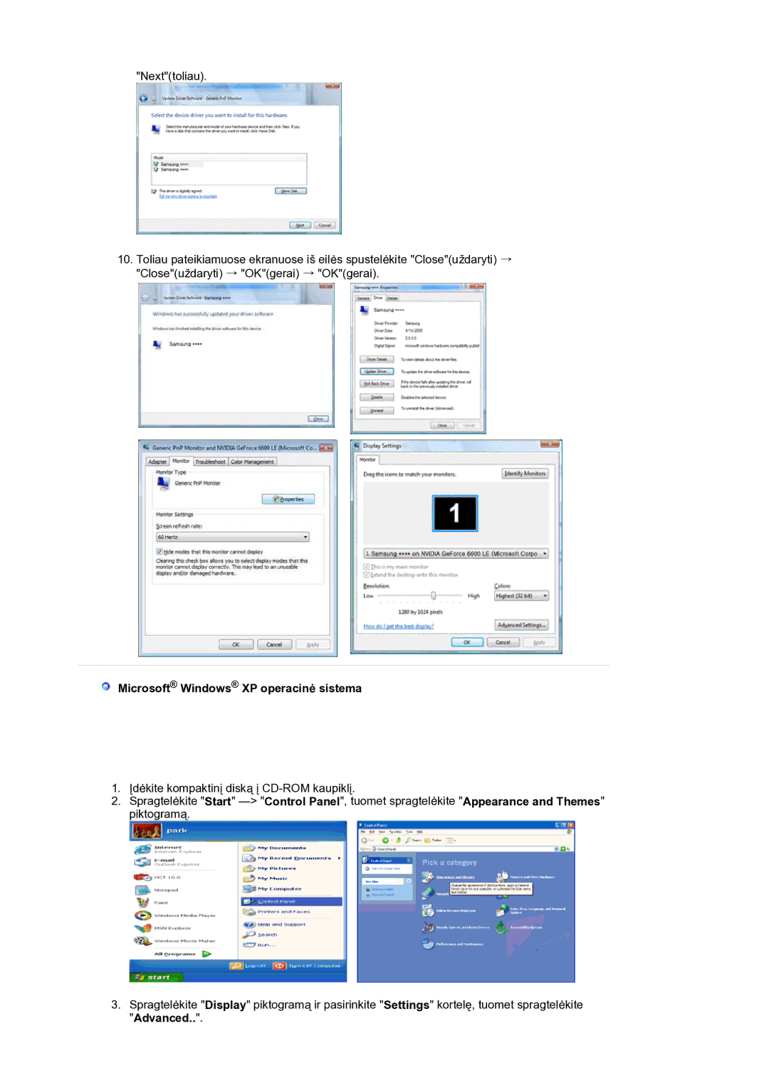 Samsung LS19HANKSM/EDC manual Microsoft Windows XP operacinė sistema 