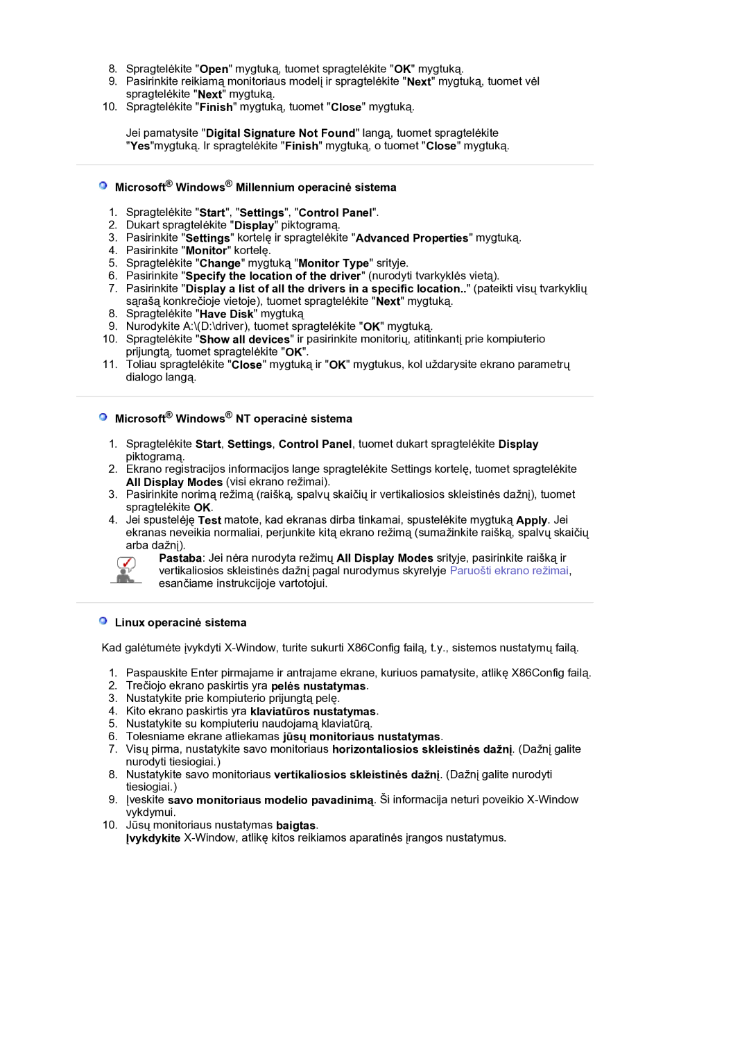 Samsung LS19HANKSM/EDC manual Microsoft Windows NT operacinė sistema, Linux operacinė sistema 