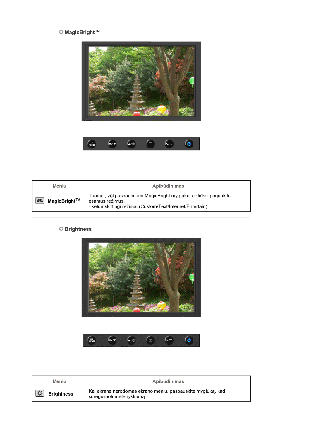 Samsung LS19HANKSM/EDC manual MagicBright, Meniu Apibūdinimas Brightness, Sureguliuotumėte ryškumą 