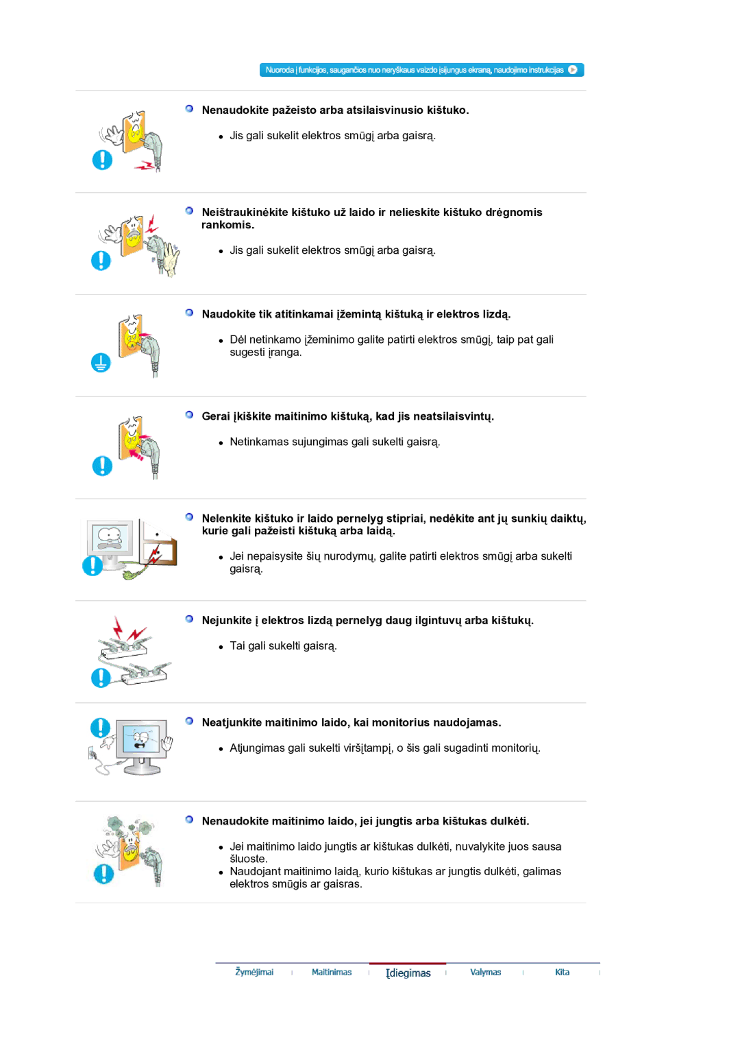 Samsung LS19HANKSM/EDC manual Nenaudokite pažeisto arba atsilaisvinusio kištuko 