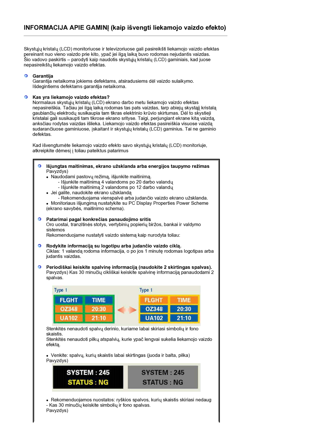 Samsung LS19HANKSM/EDC manual Garantija, Kas yra liekamojo vaizdo efektas?, Patarimai pagal konkrečias panaudojimo sritis 