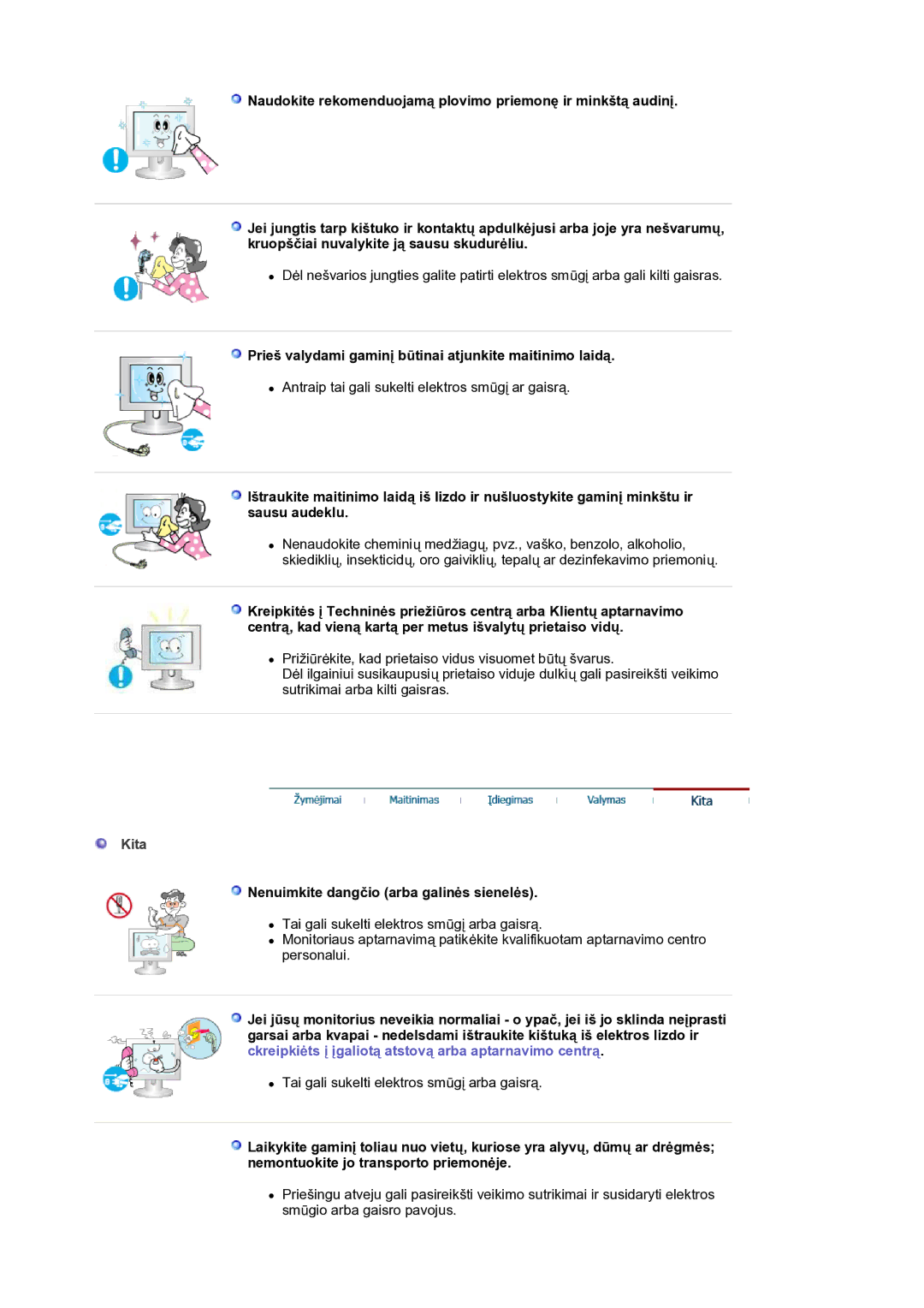 Samsung LS19HANKSM/EDC manual Prieš valydami gaminį būtinai atjunkite maitinimo laidą, Kita 