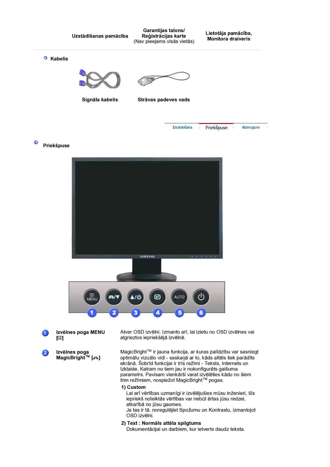 Samsung LS19HANKSM/EDC manual Garantijas talons Lietotāja pamācība Uzstādīšanas pamācība, Monitora draiveris, Izvēlnes poga 