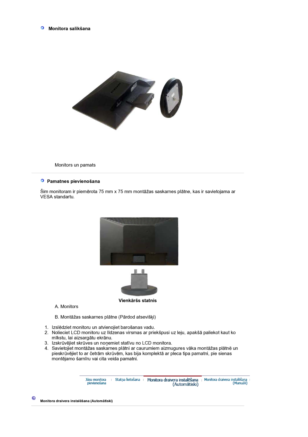 Samsung LS19HANKSM/EDC manual Monitora salikšana, Pamatnes pievienošana, Vienkāršs statnis 