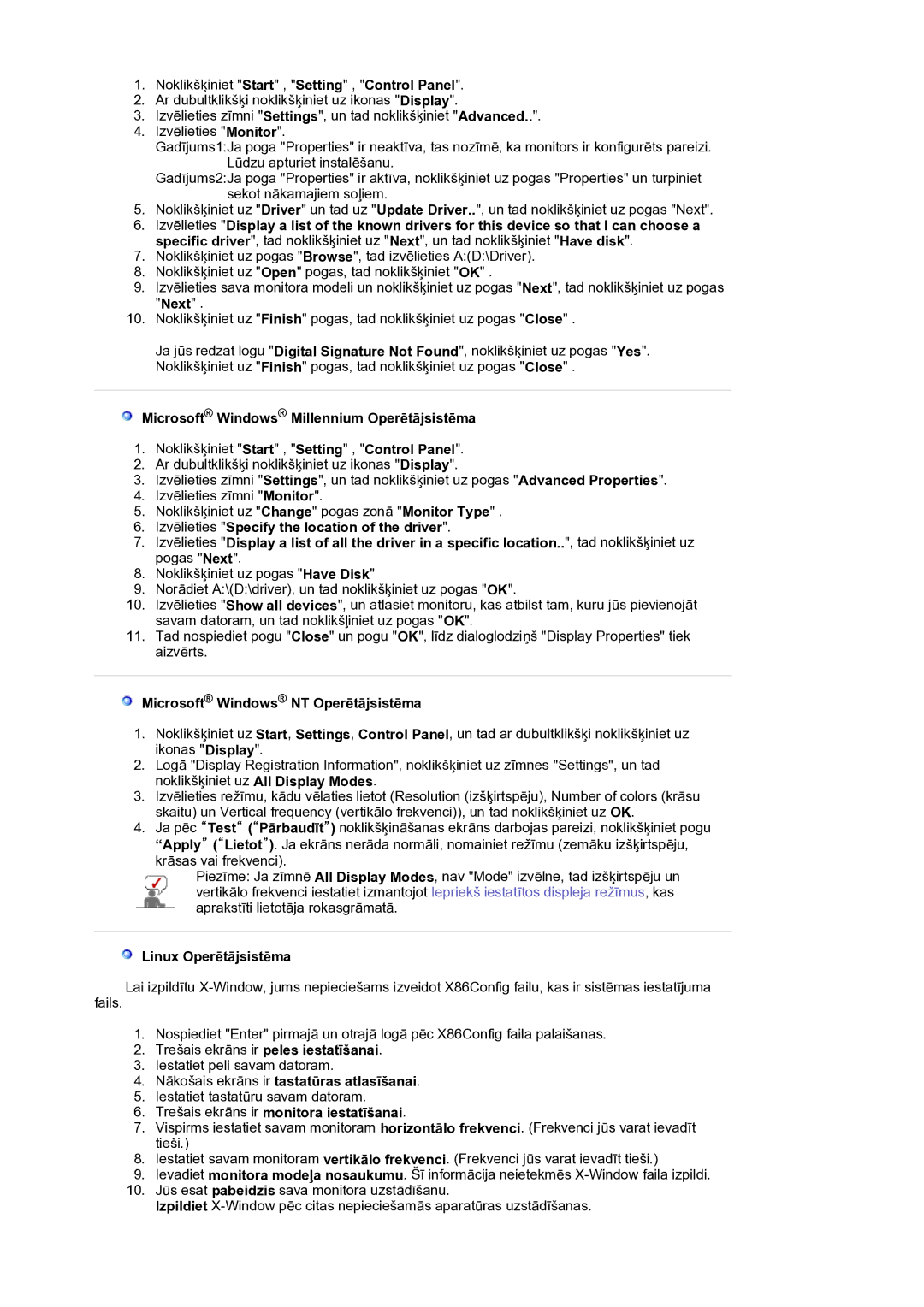 Samsung LS19HANKSM/EDC manual Microsoft Windows Millennium Operētājsistēma, Microsoft Windows NT Operētājsistēma 