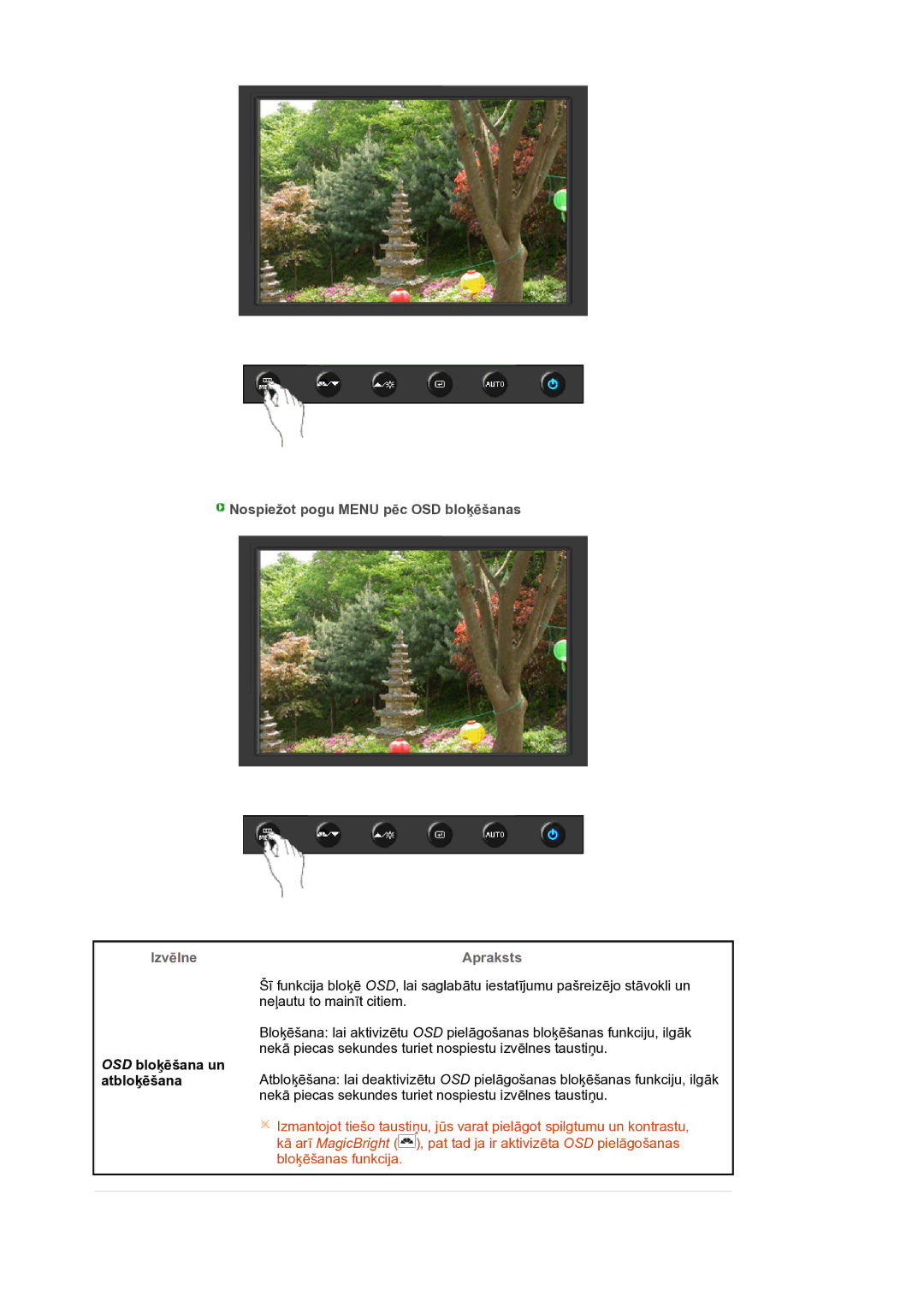 Samsung LS19HANKSM/EDC manual Izvēlne, OSD bloķēšana un atbloķēšana 