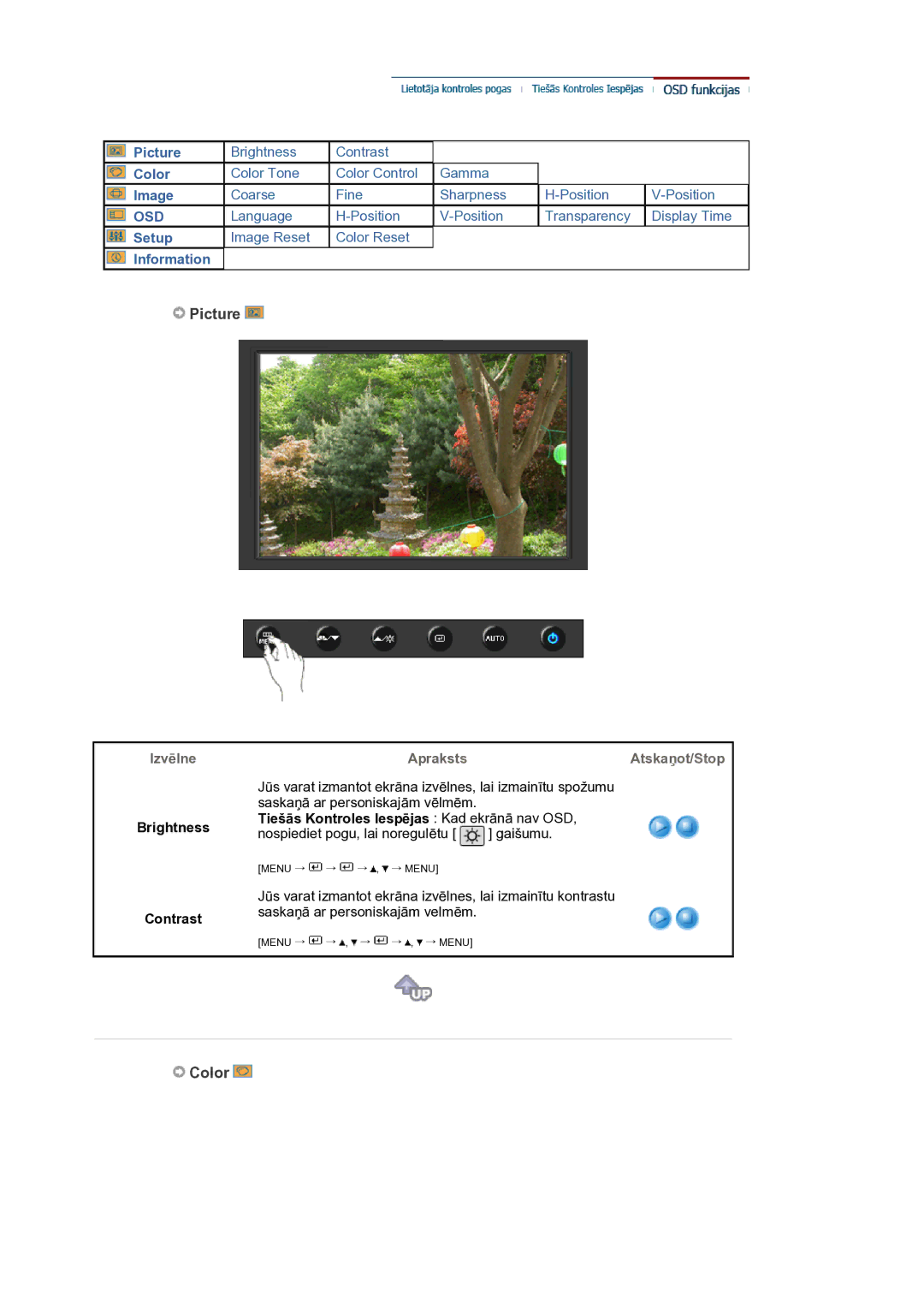 Samsung LS19HANKSM/EDC manual Picture, Color, Brightness Contrast, AprakstsAtskaņot/Stop 