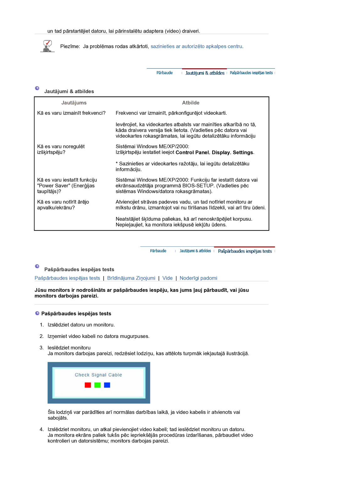 Samsung LS19HANKSM/EDC manual Jautājumi & atbildes, Jautājums, Atbilde, Pašpārbaudes iespējas tests 