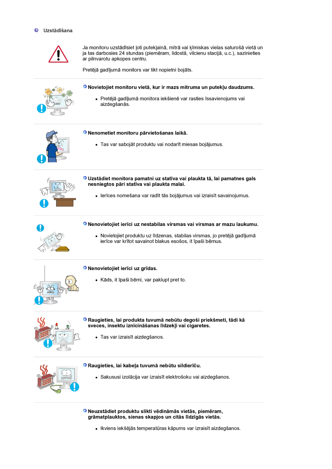 Samsung LS19HANKSM/EDC manual Uzstādīšana, Nenometiet monitoru pārvietošanas laikā, Nenovietojiet ierīci uz grīdas 