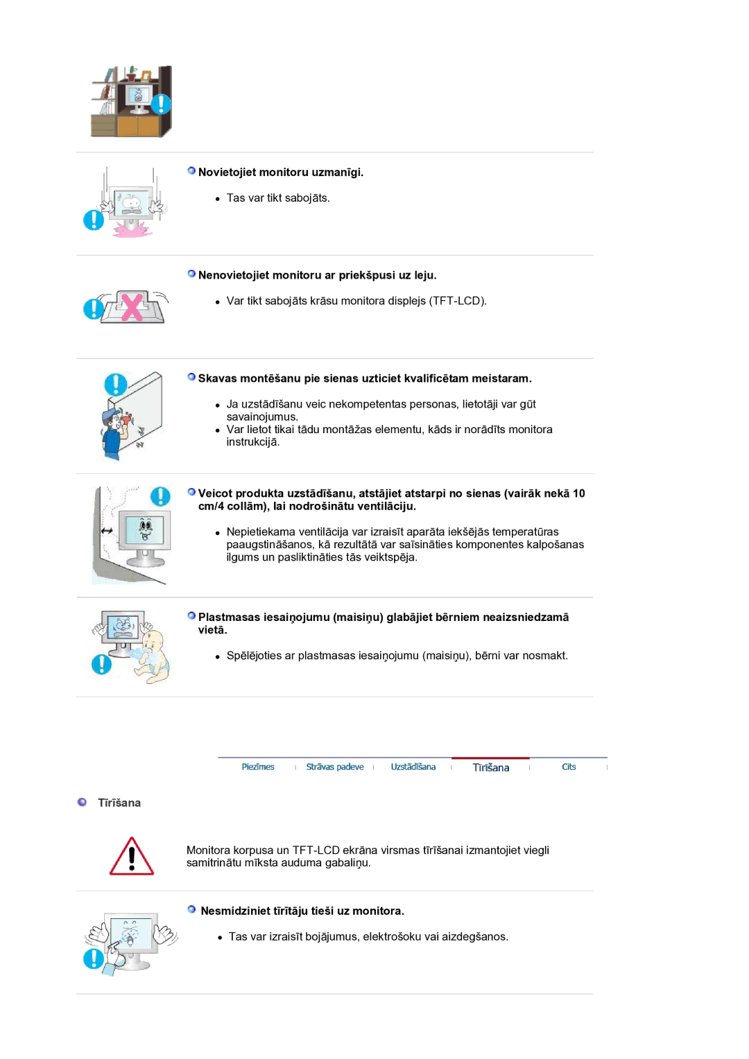 Samsung LS19HANKSM/EDC manual Novietojiet monitoru uzmanīgi, Nenovietojiet monitoru ar priekšpusi uz leju, Tīrīšana 