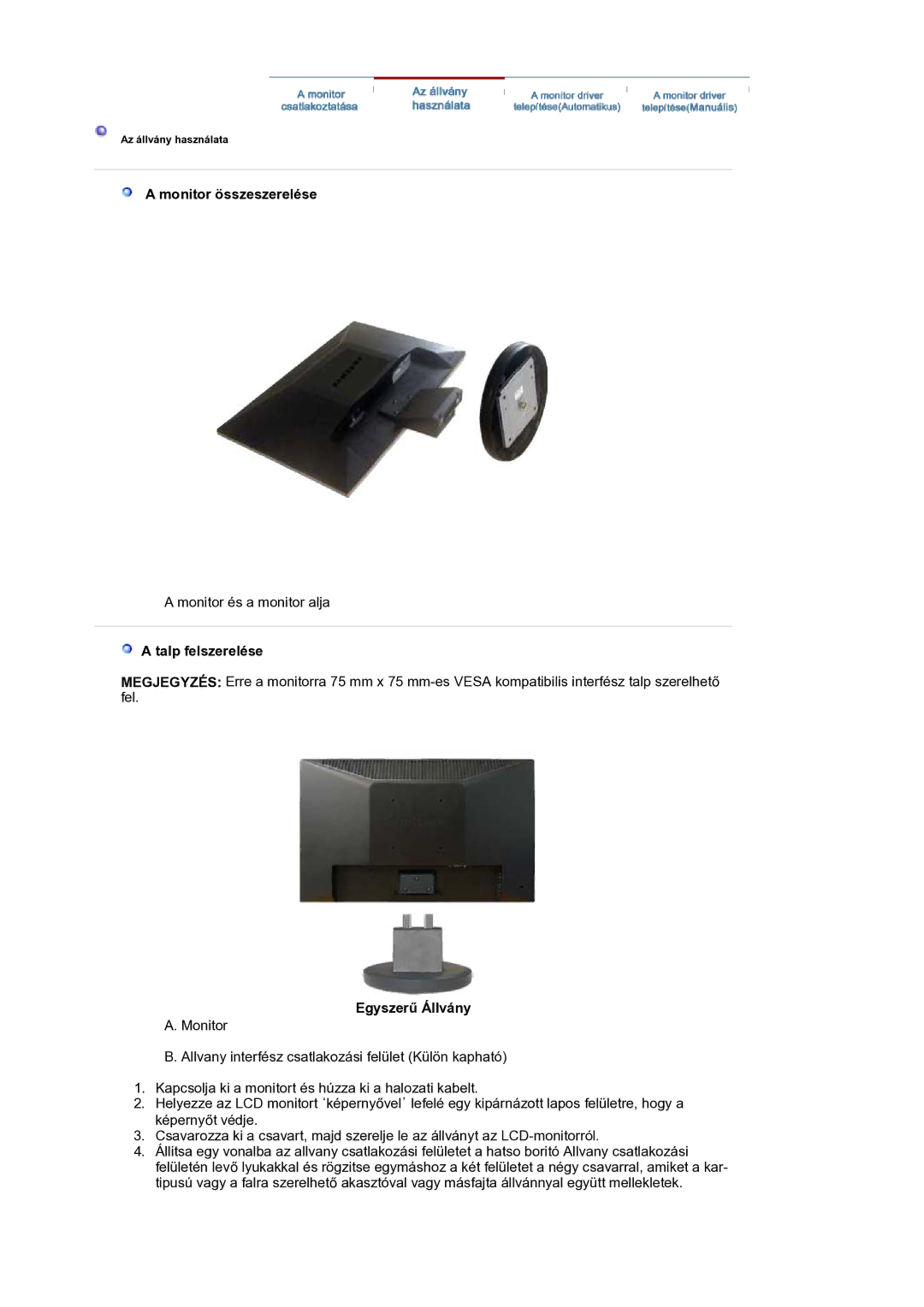 Samsung LS19HANKSM/EDC manual Monitor összeszerelése, Talp felszerelése, Egyszerű Állvány 