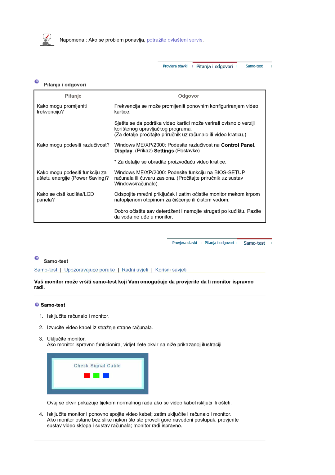 Samsung LS19HANKSM/EDC manual Pitanja i odgovori, Pitanje, Odgovor, Samo-test 