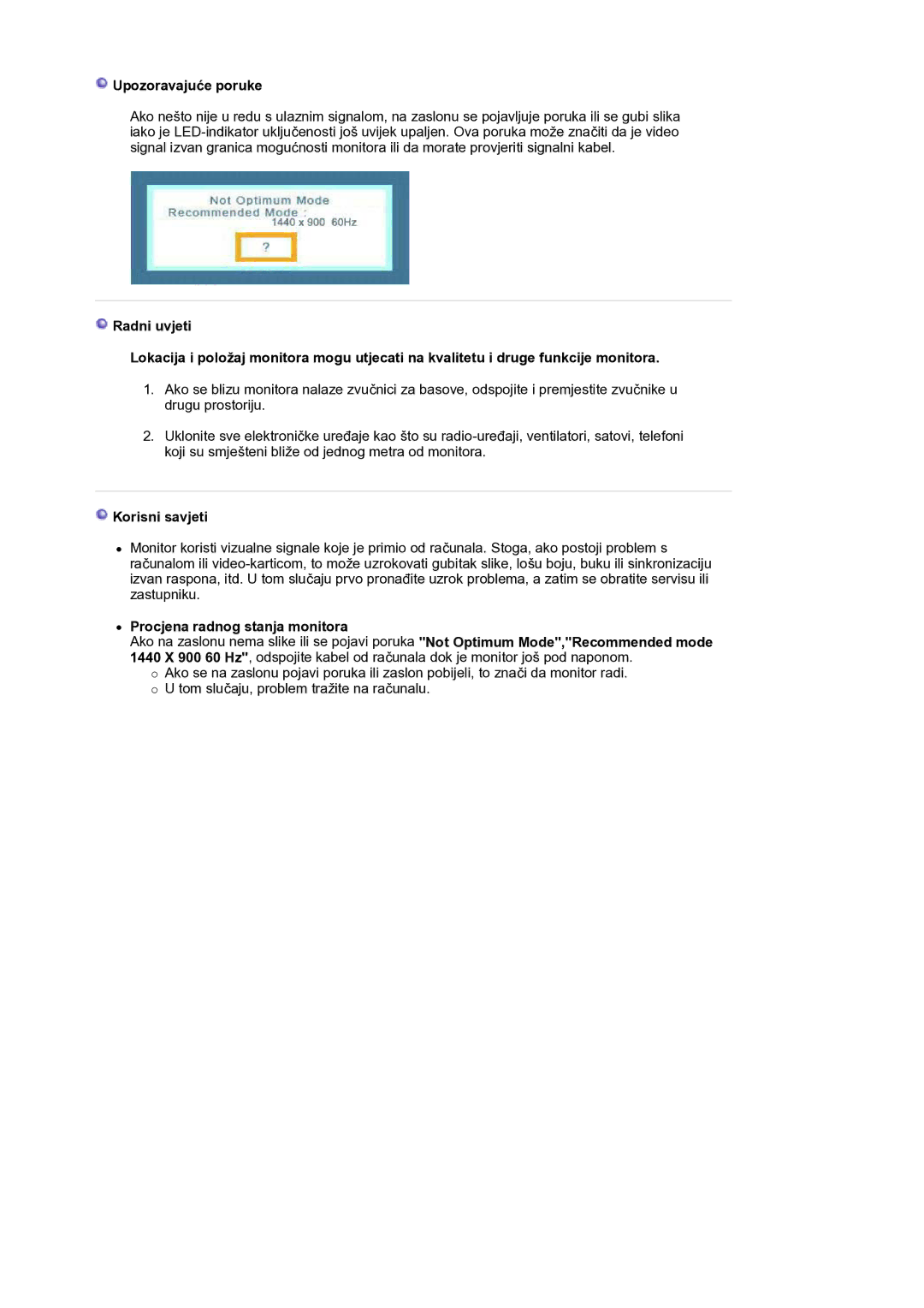 Samsung LS19HANKSM/EDC manual Upozoravajuće poruke, Korisni savjeti, Procjena radnog stanja monitora 