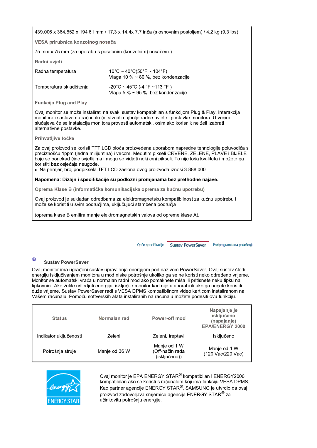 Samsung LS19HANKSM/EDC manual Vesa prirubnica konzolnog nosača, Radni uvjeti, Funkcija Plug and Play, Prihvatljive točke 