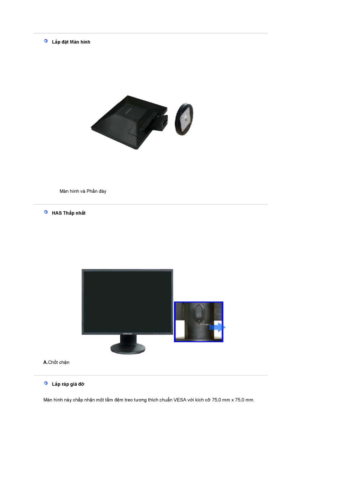 Samsung LS19HANSSB/XSV, LS19HANSBB/XSV manual Lắp đặt Màn hình, Has Thấp nhất 