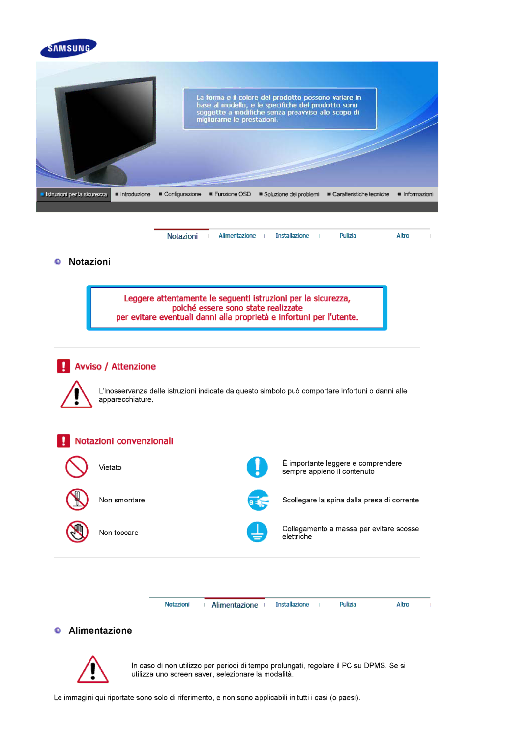 Samsung LS17HANSS/CLT, LS19HANSSB/EDC, LS17HANSS/EDC, LS19HANSSB/CLT manual Notazioni, Alimentazione 