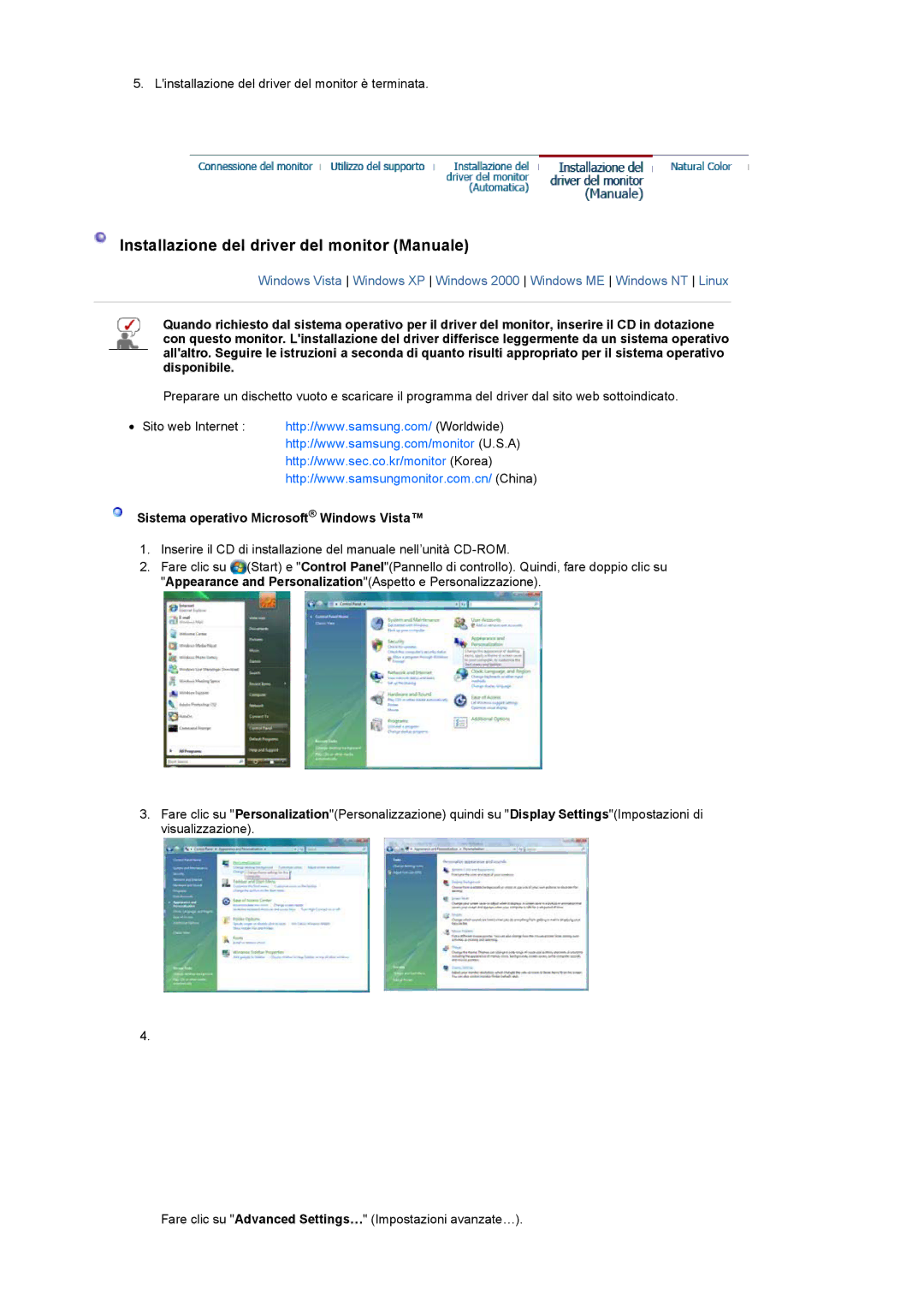 Samsung LS17HANSS/EDC manual Installazione del driver del monitor Manuale, Sistema operativo Microsoft Windows Vista 