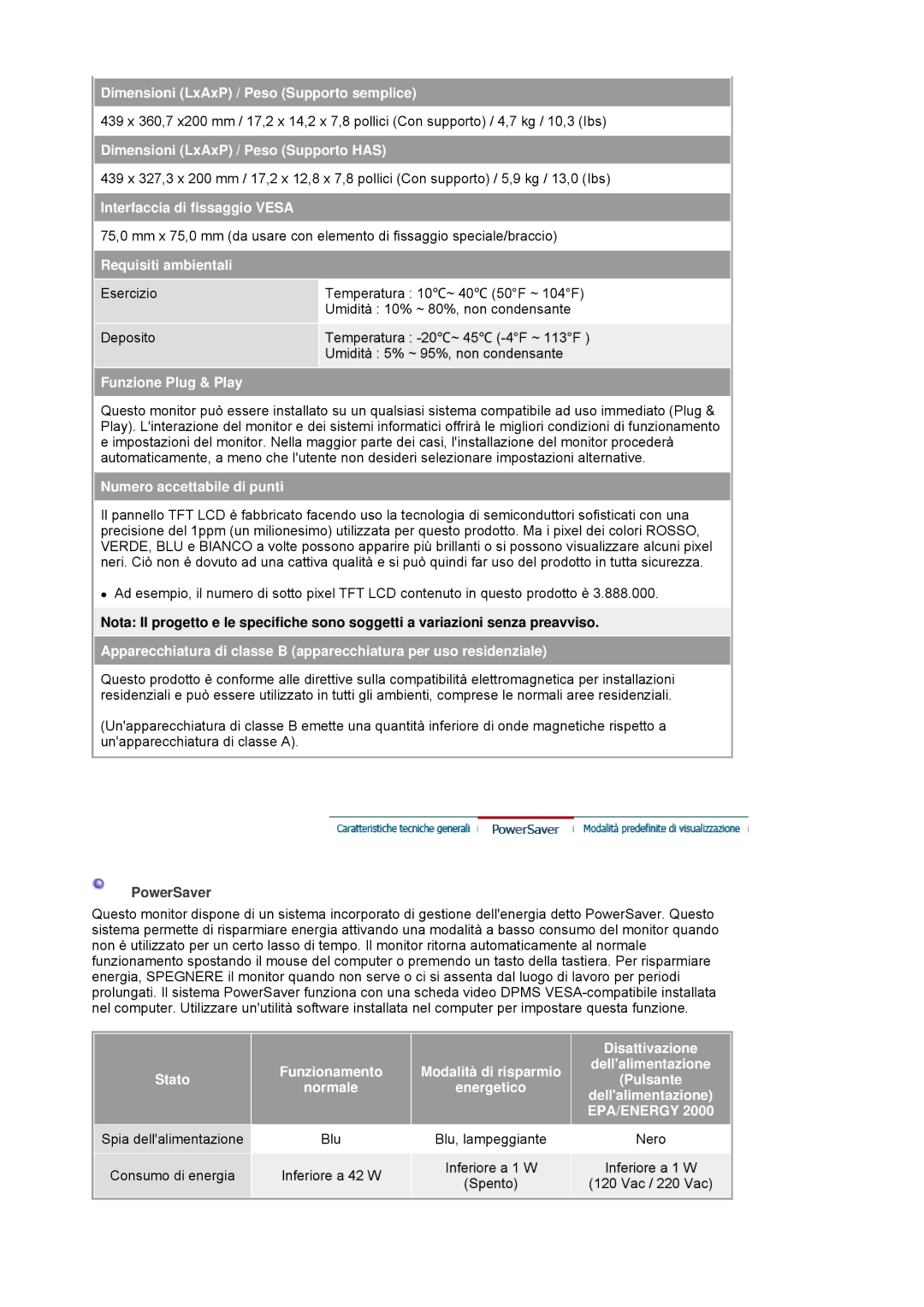 Samsung LS17HANSS/EDC manual Dimensioni LxAxP / Peso Supporto semplice, Dimensioni LxAxP / Peso Supporto has, Vac / 220 Vac 