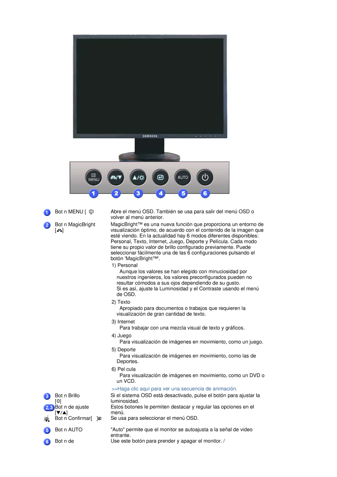 Samsung LS19HANSSB/EDC, LS17HANSS/EDC manual Botón Menu, Botón Brillo, Botón de 