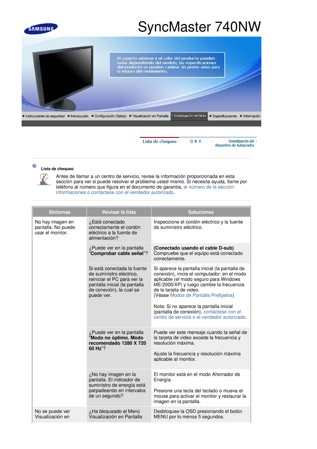 Samsung LS17HANSS/EDC, LS19HANSSB/EDC manual Síntomas, Revisar la lista, Comprobar cable señal?, Soluciones 