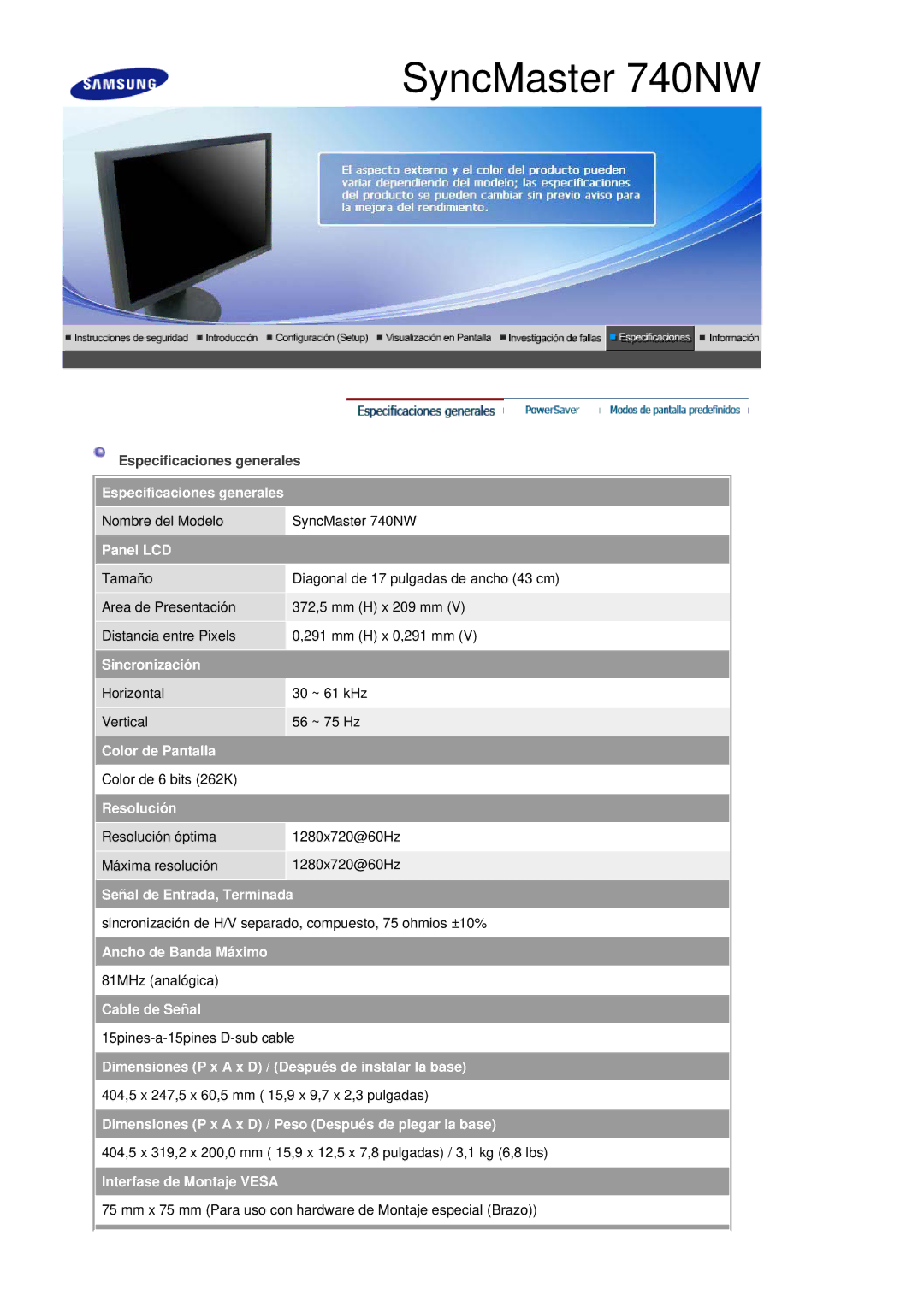 Samsung LS17HANSS/EDC Especificaciones generales, Panel LCD, Sincronización, Color de Pantalla, Resolución, Cable de Señal 