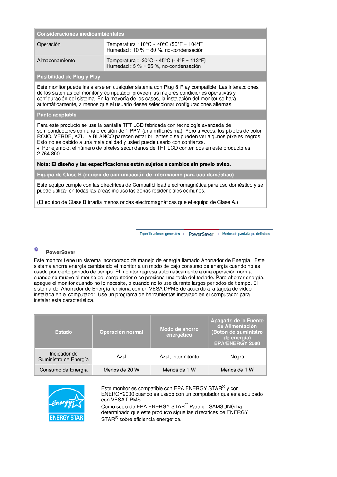 Samsung LS19HANSSB/EDC Consideraciones medioambientales, Posibilidad de Plug y Play, Punto aceptable, Apagado de la Fuente 