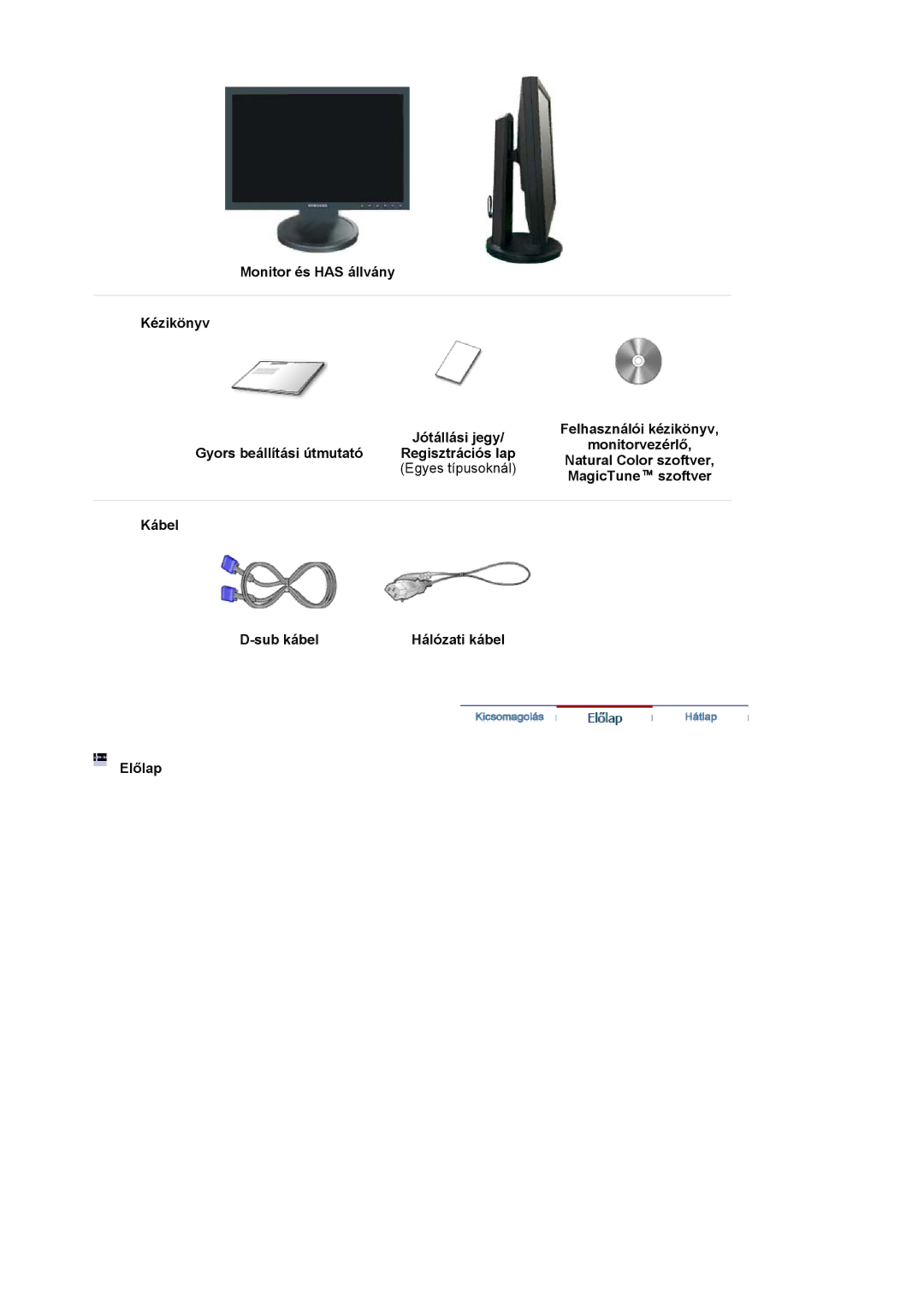 Samsung LS17HANSS/EDC, LS19HANSSB/EDC manual Kábel Sub kábel Hálózati kábel Előlap, Egyes típusoknál 