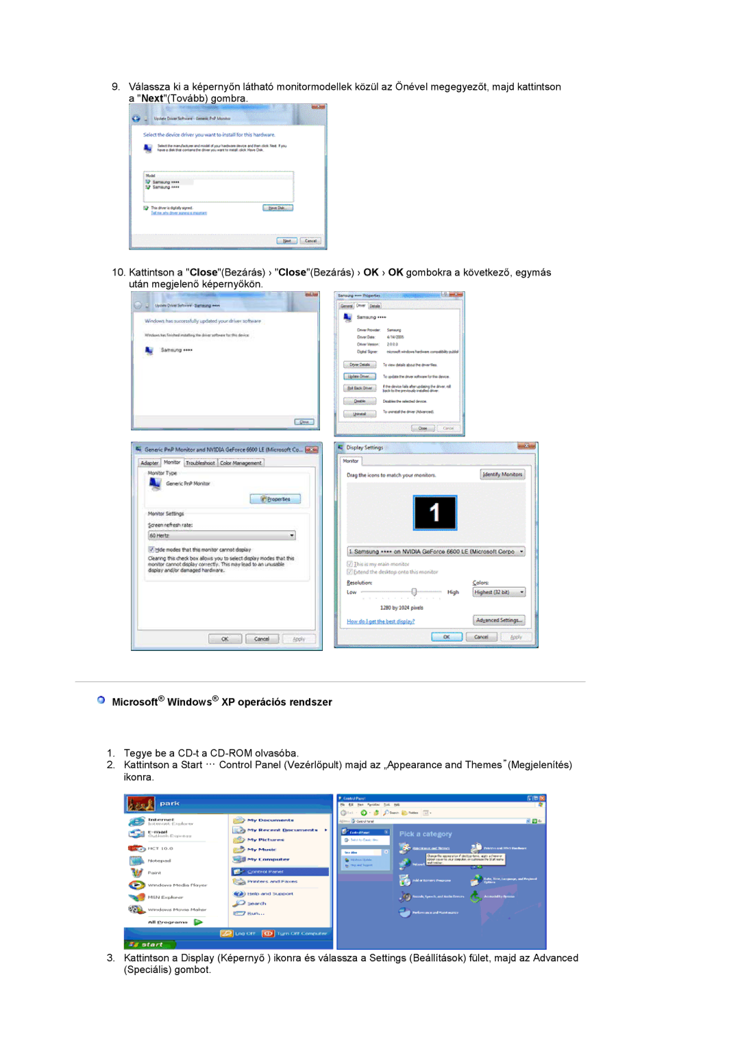 Samsung LS17HANSS/EDC, LS19HANSSB/EDC manual Microsoft Windows XP operációs rendszer 