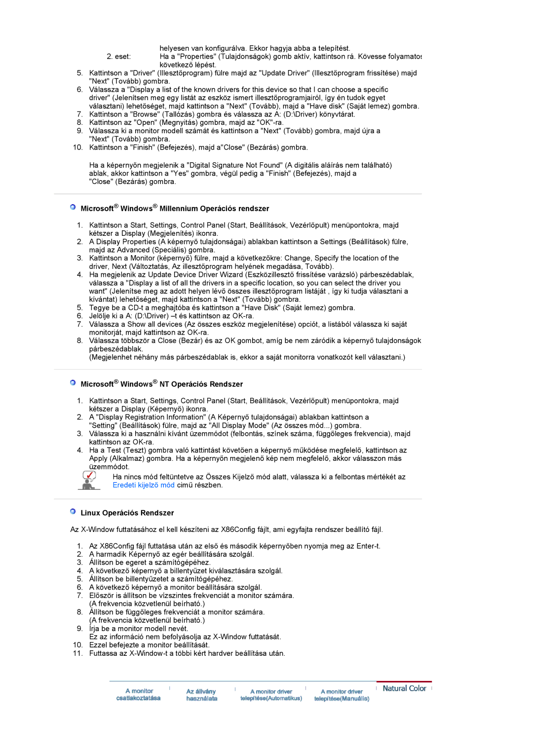 Samsung LS19HANSSB/EDC manual Microsoft Windows Millennium Operációs rendszer, Microsoft Windows NT Operációs Rendszer 