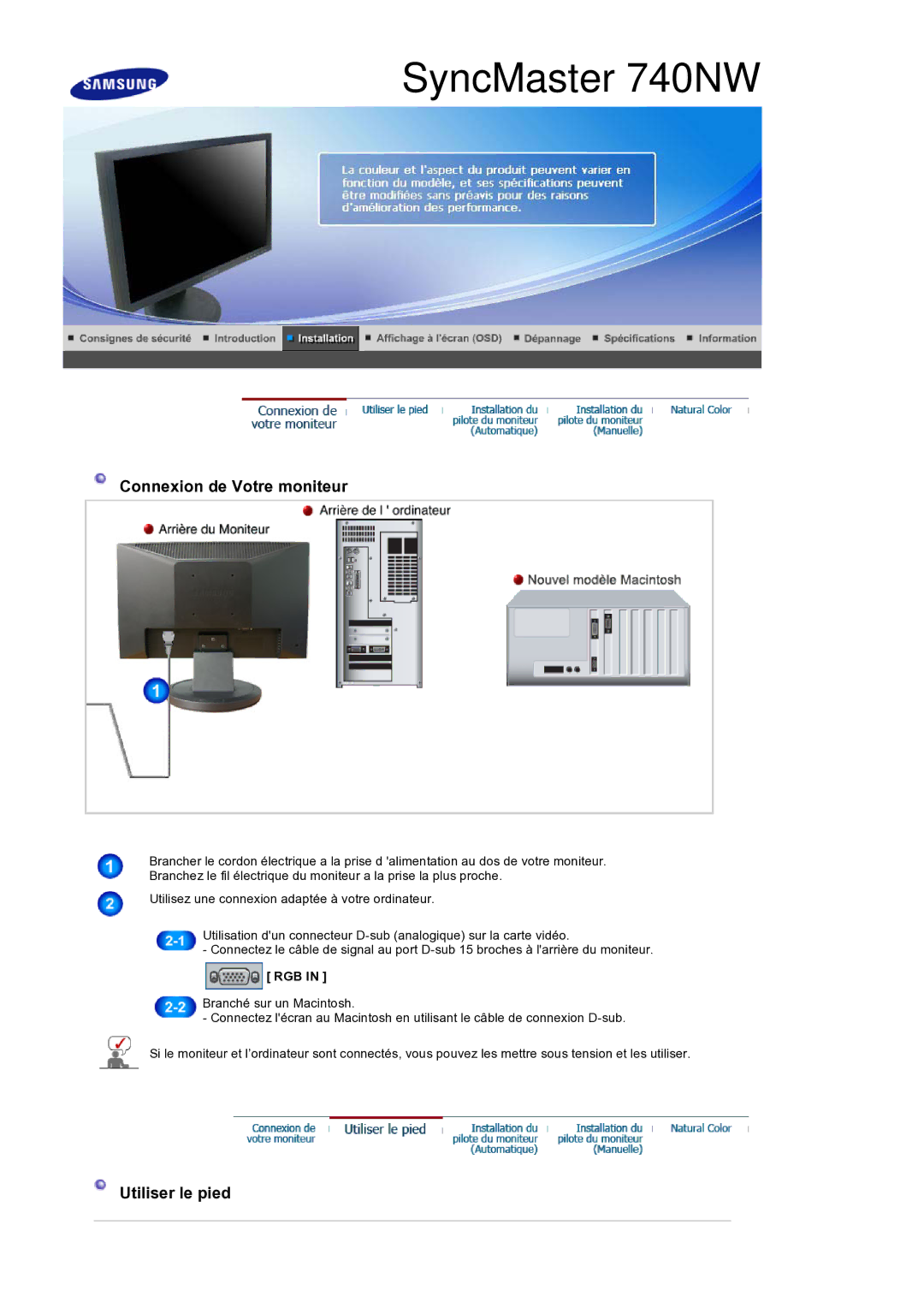 Samsung LS19HANSSB/EDC manual Connexion de Votre moniteur, Utiliser le pied 