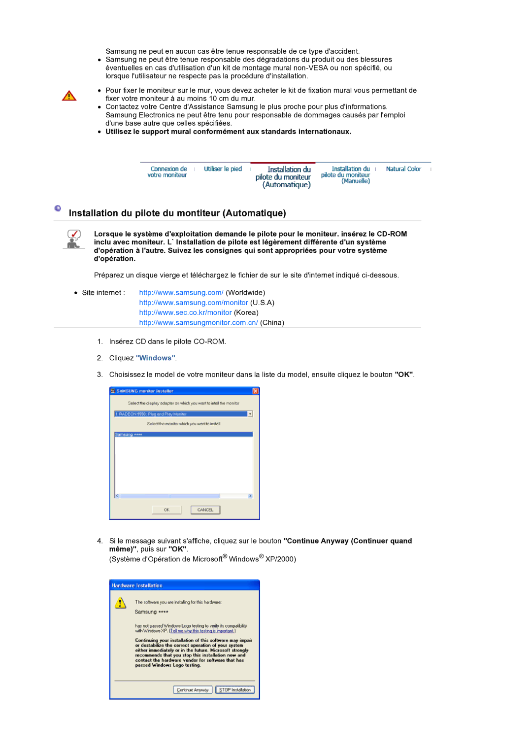 Samsung LS19HANSSB/EDC manual Installation du pilote du montiteur Automatique 