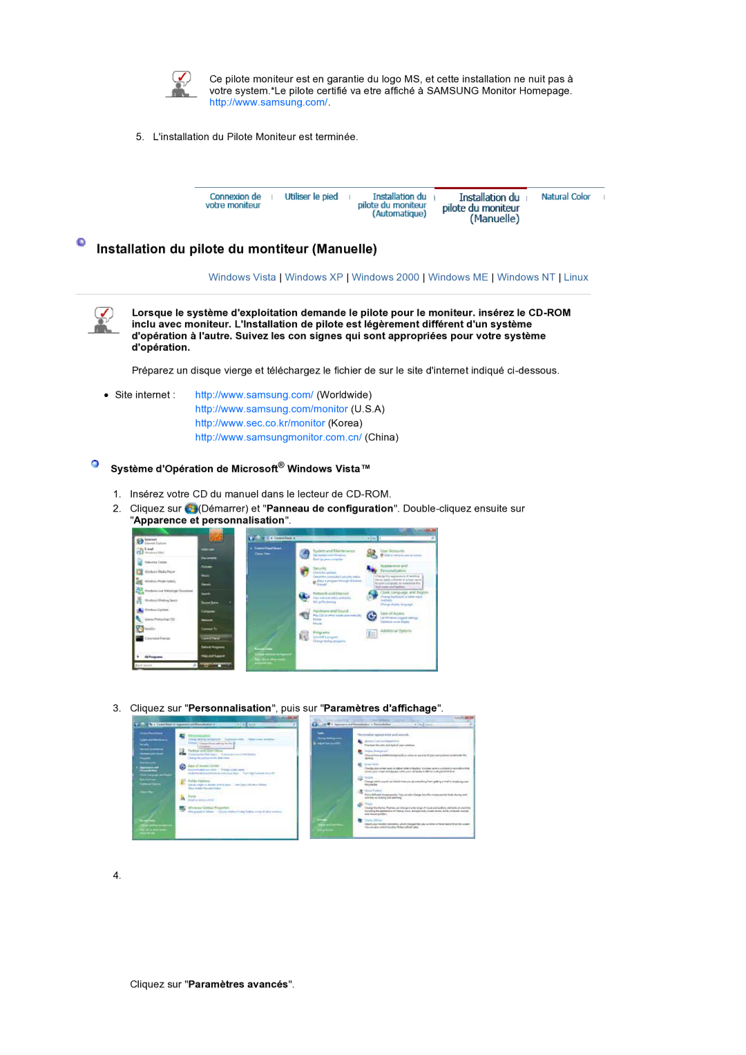 Samsung LS19HANSSB/EDC manual Installation du pilote du montiteur Manuelle, Système dOpération de Microsoft Windows Vista 