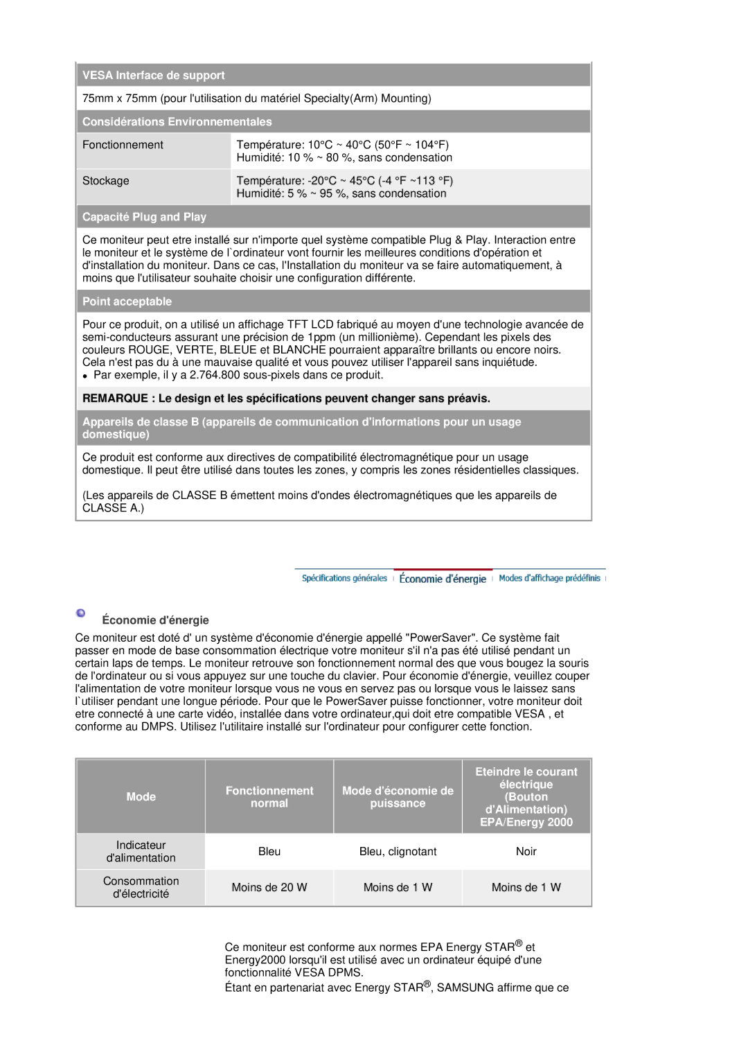 Samsung LS19HANSSB/EDC Vesa Interface de support, Considérations Environnementales, Capacité Plug and Play, DAlimentation 