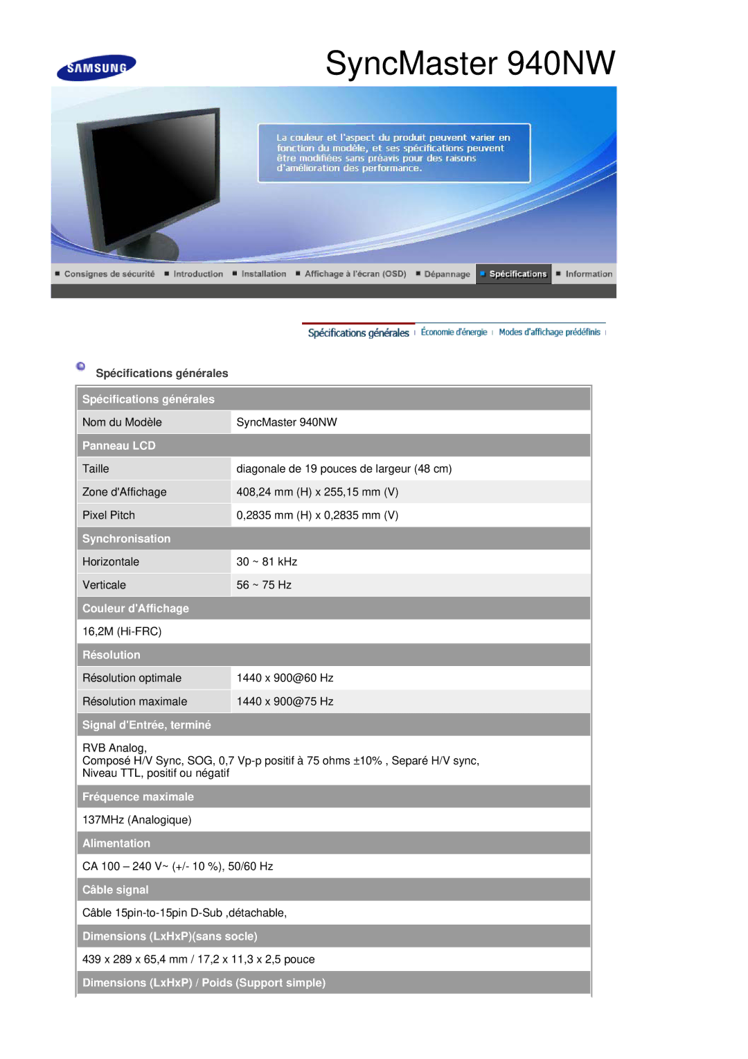 Samsung LS19HANSSB/EDC manual Dimensions LxHxPsans socle, Dimensions LxHxP / Poids Support simple 