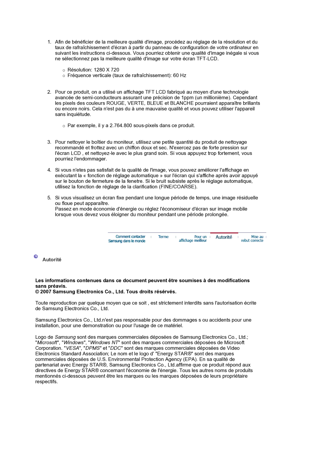 Samsung LS19HANSSB/EDC manual Autorité 