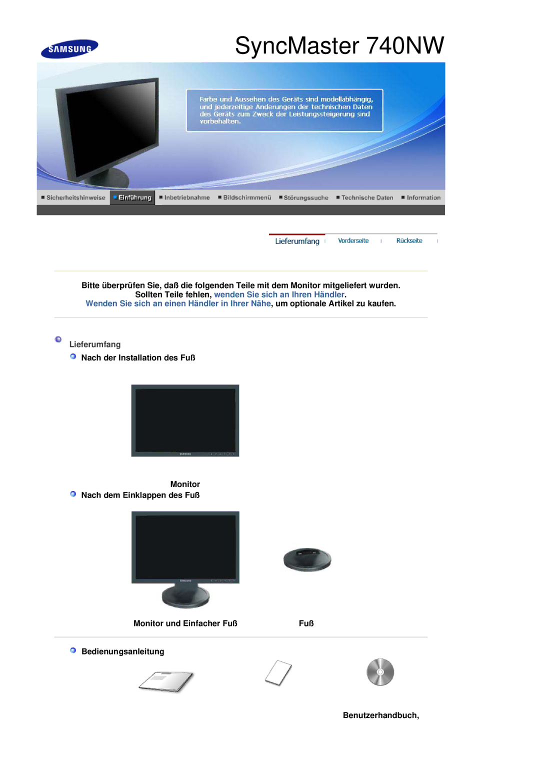 Samsung LS19HANSSB/EDC manual SyncMaster 740NW, Lieferumfang 