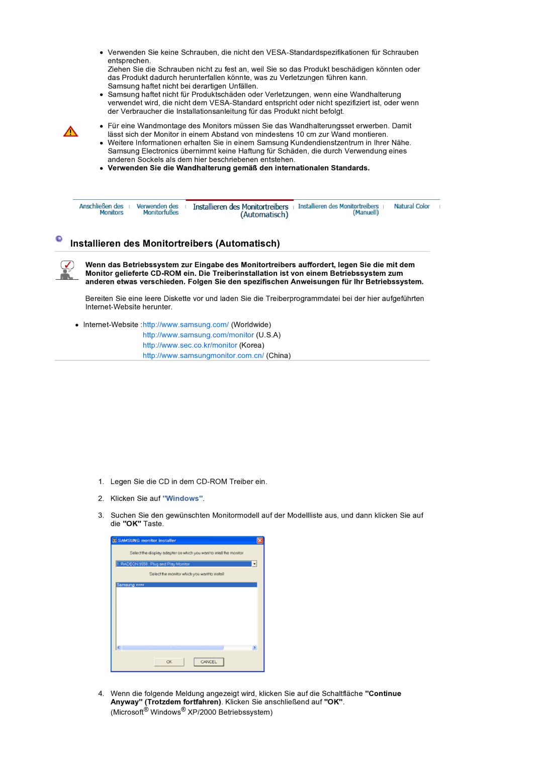 Samsung LS19HANSSB/EDC manual Installieren des Monitortreibers Automatisch 