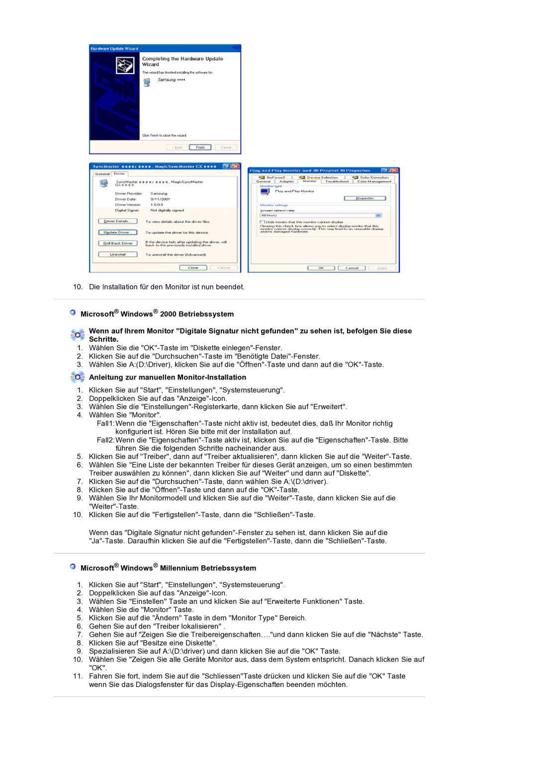 Samsung LS19HANSSB/EDC manual Anleitung zur manuellen Monitor-Installation, Microsoft Windows Millennium Betriebssystem 