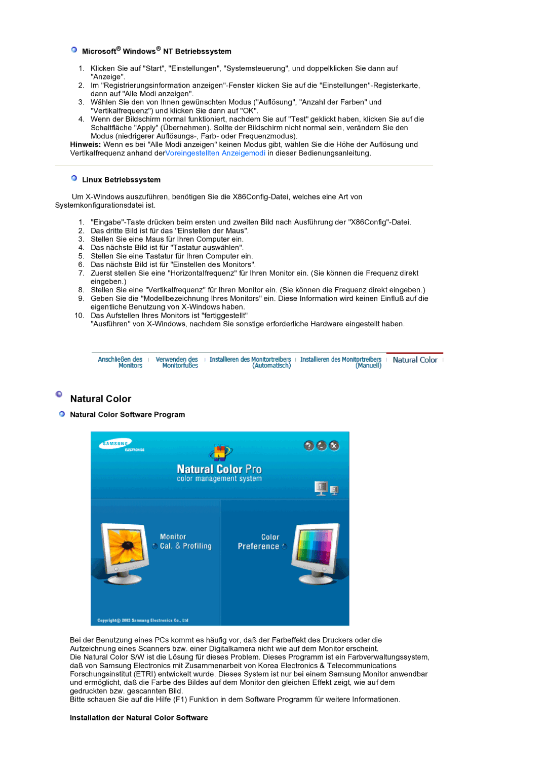 Samsung LS19HANSSB/EDC manual Natural Color, Microsoft Windows NT Betriebssystem, Linux Betriebssystem 