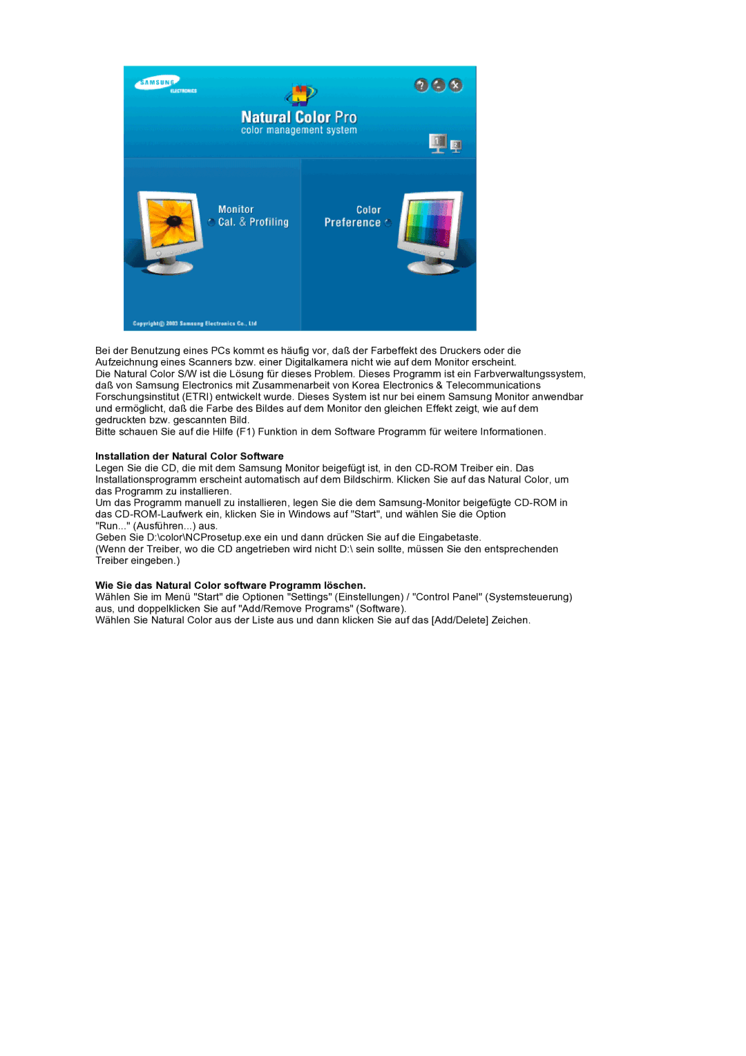 Samsung LS19HANSSB/EDC manual Installation der Natural Color Software 