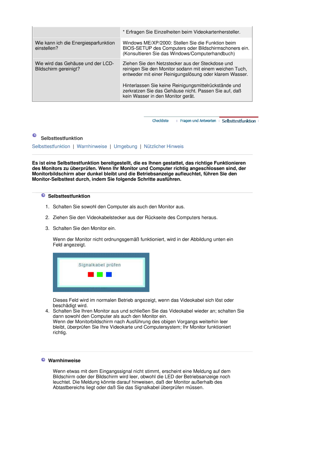 Samsung LS19HANSSB/EDC manual Selbsttestfunktion, Warnhinweise 